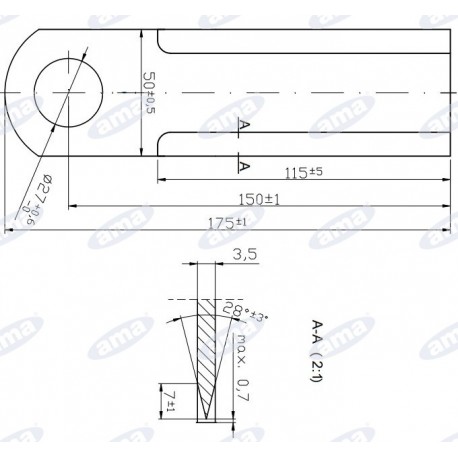 Nóż szarpacza do kombajnu pomidorowego 175x50x3,5 otwór 27 mm