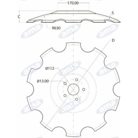 Talerz typu AGROMET, 510 mm, otwór 61 mm, grubość 6 mm